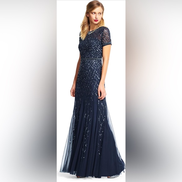 Adrianna Papell Women's Short-Sleeve Grid Beaded Gown - Picture 16 of 16